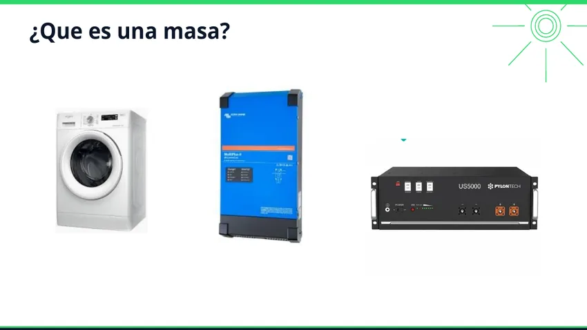 Ejemplos de masas eléctricas: lavadora, inversor y armario de baterías